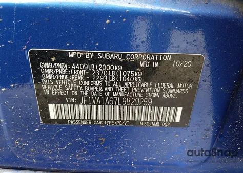 2020 Subaru Wrx z USA, uszkodzony, nr VIN JF1VA1A67L9829259